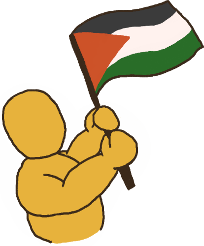 Digital, stylized emoji with yellow skin and no face holding up a Palestine flag, against a transparent background. 